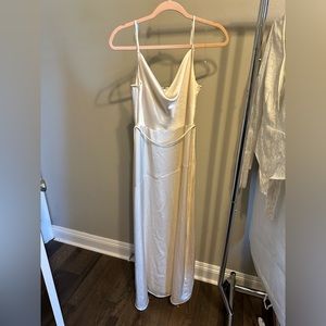 Satin ivory floor length dress with slit